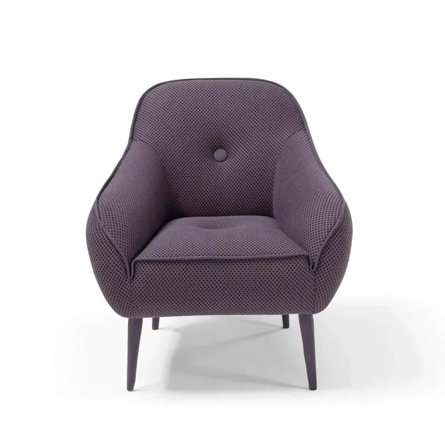 Superior Egoitaliano Bebop lounge chair upholstered in muted purple stretch fabric with rounded shapes crafted in Italy