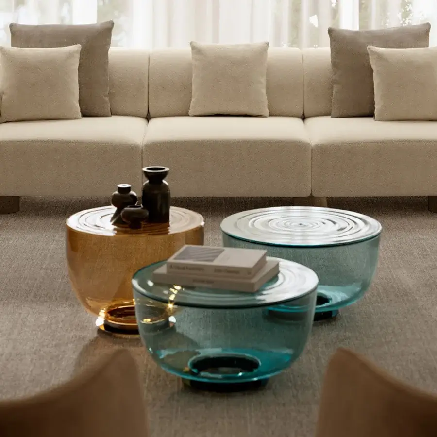Luxury Bontempi H2O coffee table crafted in blue-green hand-blown glass with a glossy luminous finish