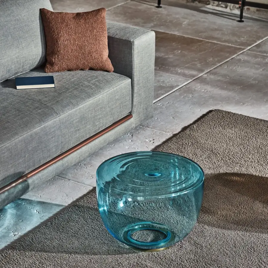 Exceptional Bontempi H2O coffee table crafted in translucent blue-green hand-blown glass with a rippled glossy finish and dark metal support