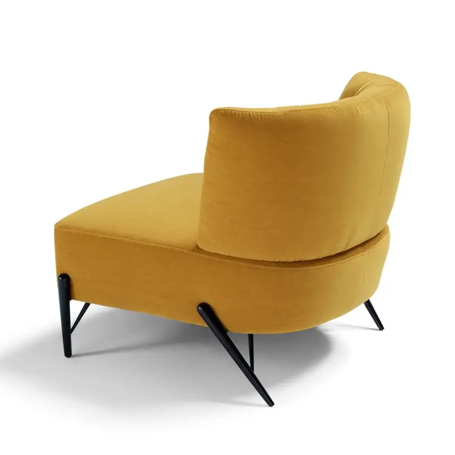 Sumptuous Egoitaliano Bluma lounge chair in golden yellow velvet with dark epoxy powder-coated metal legs crafted with wood fiber panels