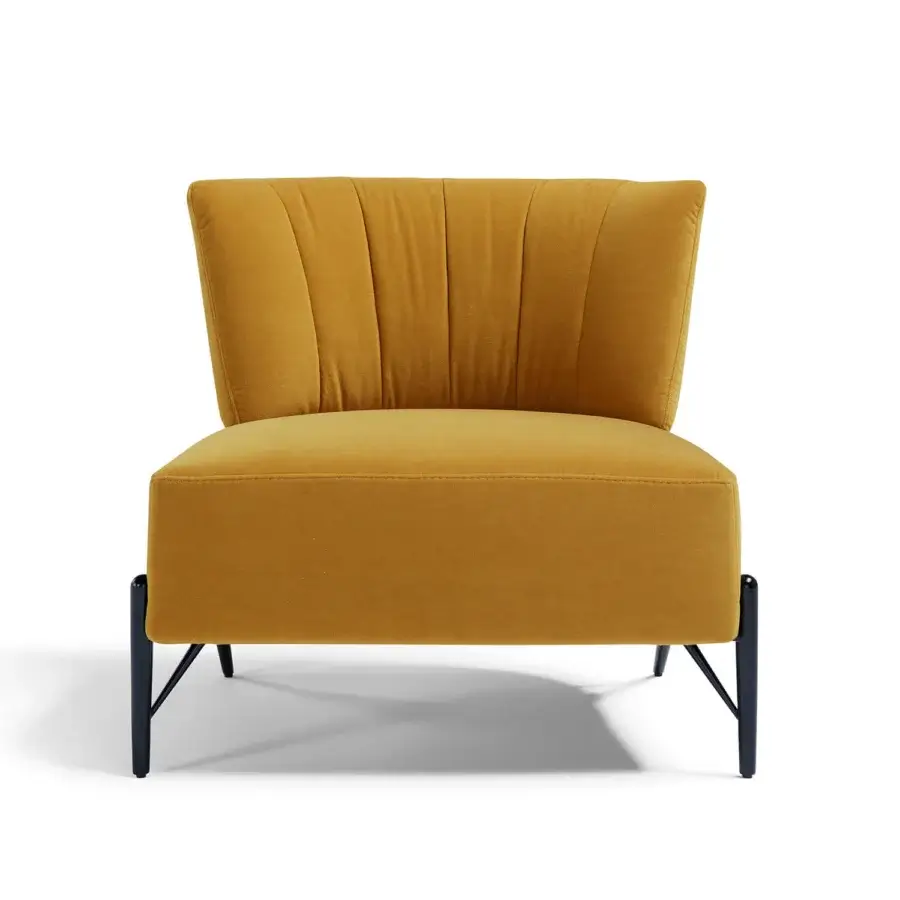 Elegant Egoitaliano Bluma lounge chair with golden yellow upholstery and epoxy powder-coated metal base crafted in Italy
