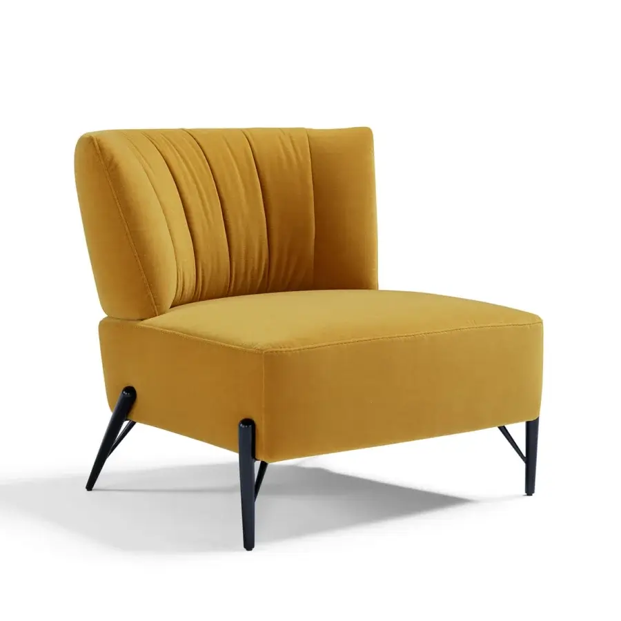Distinguished Egoitaliano Bluma lounge chair with curved silhouette in warm yellow textile and dark epoxy powder-coated metal legs
