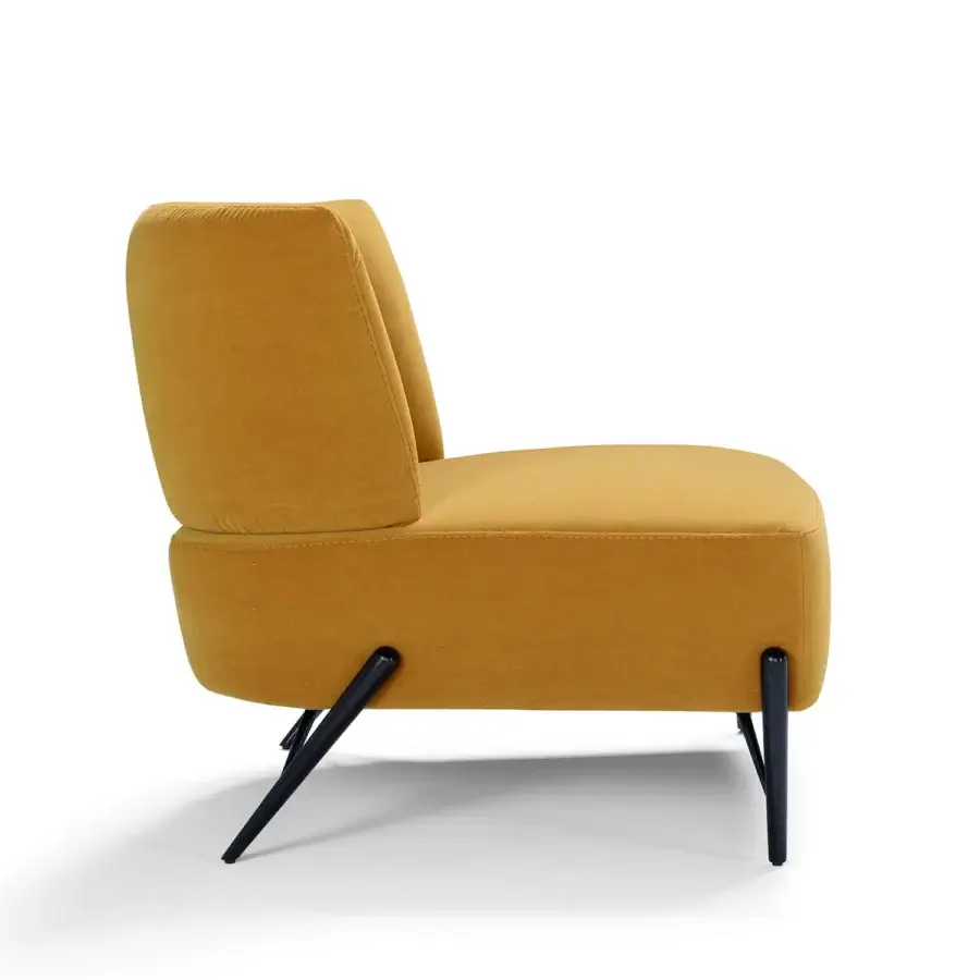 Elegant Egoitaliano Bluma lounge chair with rounded form in golden yellow upholstery and epoxy powder-coated metal legs