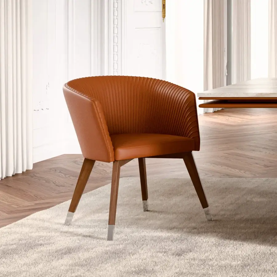 Distinctive Mascheroni Vitor Base armchair crafted in reddish-brown natural ox leather with silver metal feet and solid wood frame