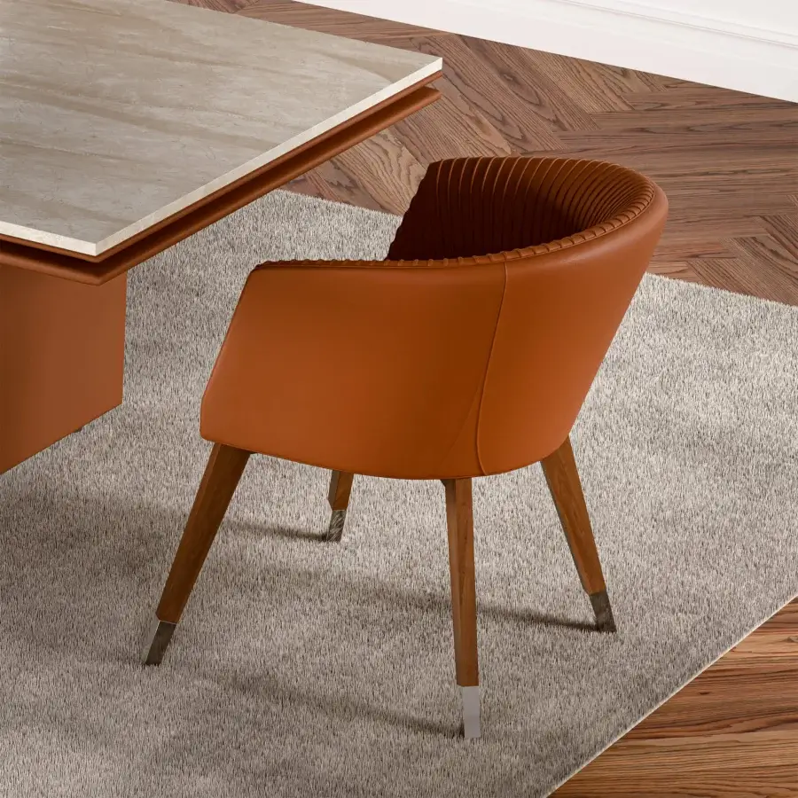 Superior Mascheroni Vitor Base armchair upholstered in warm orange leather with a satin-finished solid wood frame