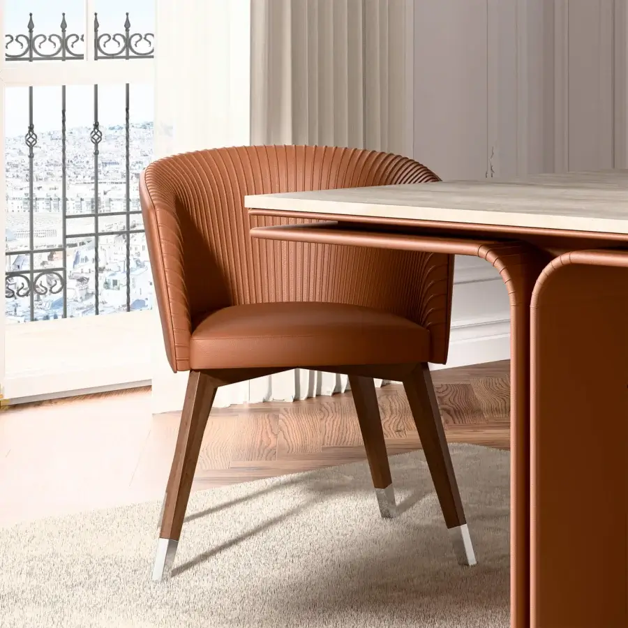 Exceptional Mascheroni Vitor Base armchair upholstered in reddish-brown natural ox leather with a satin medium-brown wood frame