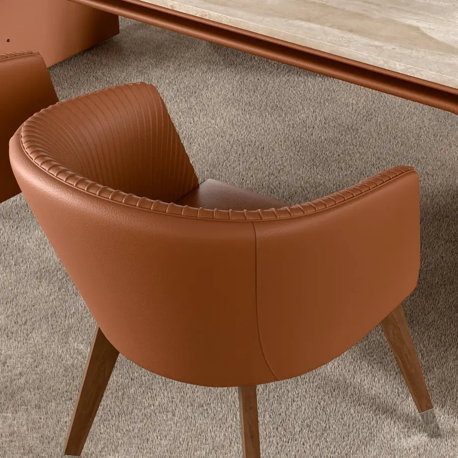 Handcrafted Mascheroni Vitor Base armchair with reddish-brown leather strips over solid wood and protective Dacron covering