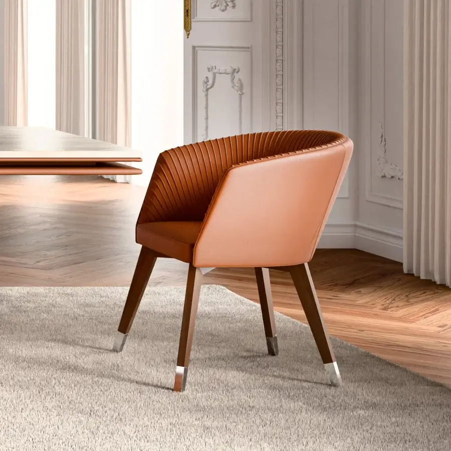 Distinguished Mascheroni Vitor Base armchair with reddish-brown leather strips over solid wood upholstery and matte finish