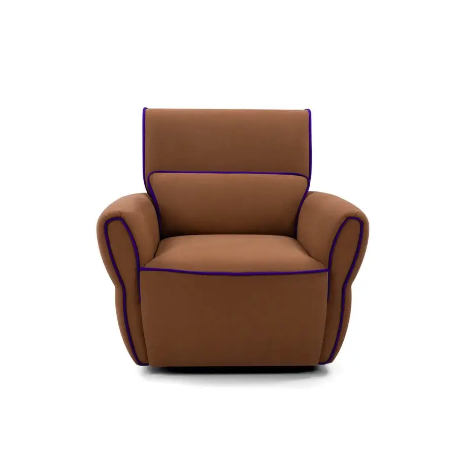 Elegant Egoitaliano Mariù lounge chair with warm brown two-way stretch fabric upholstery and striking purple edging