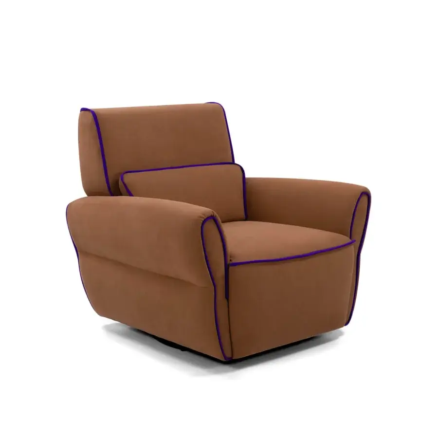 Distinguished Egoitaliano Mariù lounge chair with warm brown two-way stretch fabric and purple Lycra piping built with a wood frame