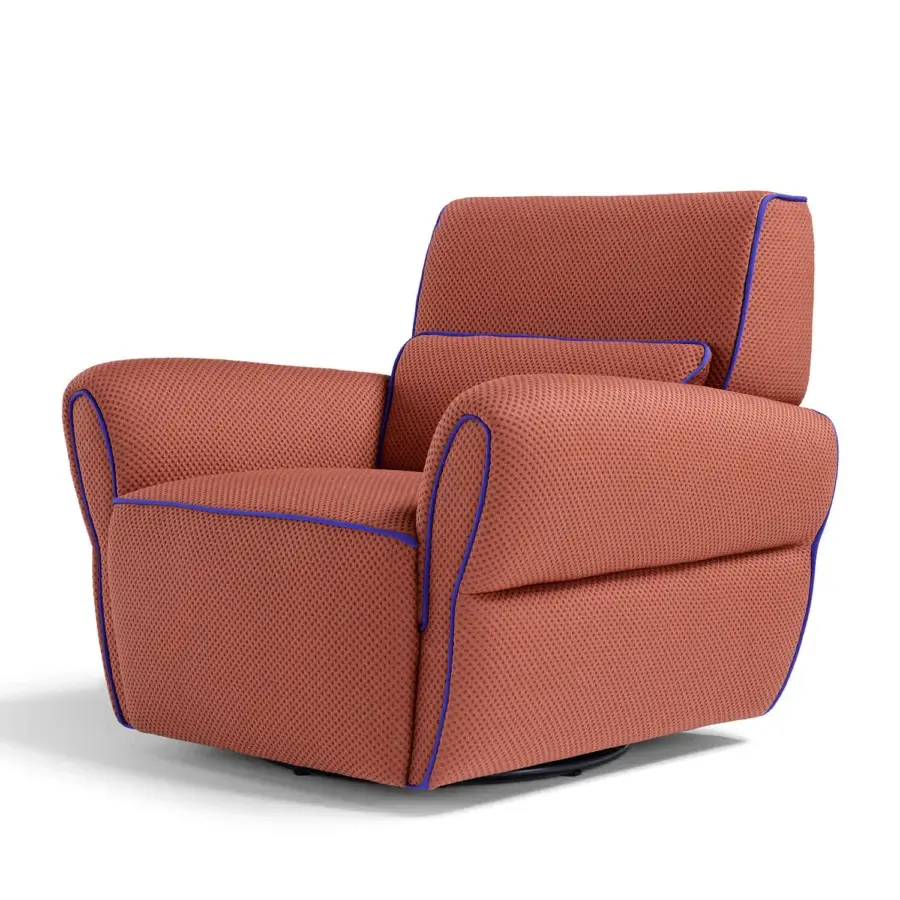Superior Egoitaliano Mariù lounge chair built in textured terracotta fabric with bright blue edging and polyurethane finish