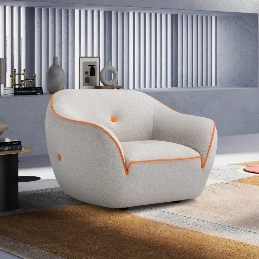 Exceptional Egoitaliano Bebop lounge chair with bi-elastic upholstery, smooth off-white fabric and striking orange piping detail