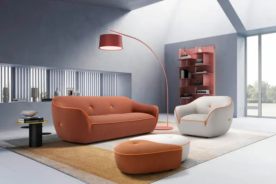 Innovative Egoitaliano Bebop lounge chair with stretch fabric upholstery in light gray and vibrant orange trim crafted in Italy