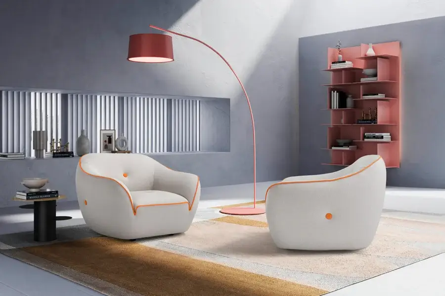 Superior Egoitaliano Bebop lounge chair with bi-elastic upholstery in light beige textile and vibrant orange trim
