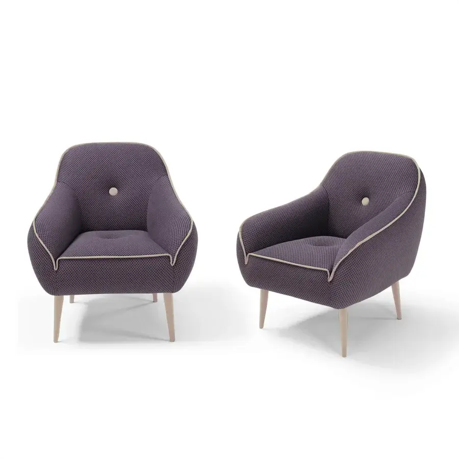 Distinctive Egoitaliano Bebop lounge chair with vibrant purple and white geometric stretch fabric upholstery and a wood frame