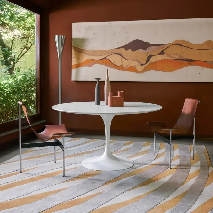 Exceptional Amini RD Twist rug crafted with flowing curves in cream sand and basil green wool silk blend with hand washing