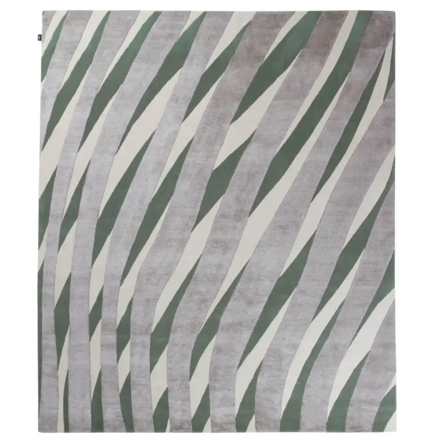 Distinguished Amini RD Twist rug hand-knotted in a blend of wool and silk with muted grays and basil green tones, finished with meticulous hand washing