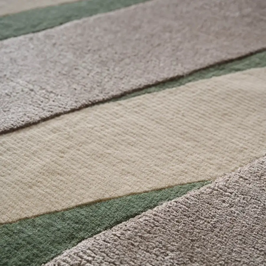 Superior Amini RD Twist rug hand-knotted in India with wool and silk displaying cream, beige, and basil green hues with a washed finish