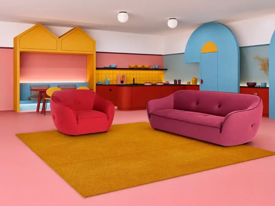 Exclusive Egoitaliano Bebop sofa with bi-elastic technical fabric, Lycra profiles and textured matte raspberry tone upholstery