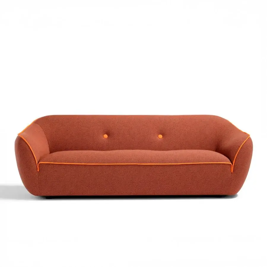 Superior Egoitaliano Bebop sofa with rounded form, reddish-brown bi-elastic technical fabric and orange Lycra detailing