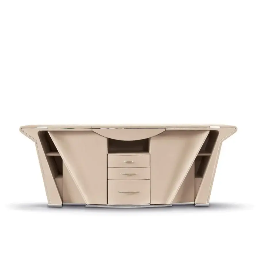 Distinguished Mascheroni Prior sideboard crafted in Italy with beige leather, wood, and silver metallic trim