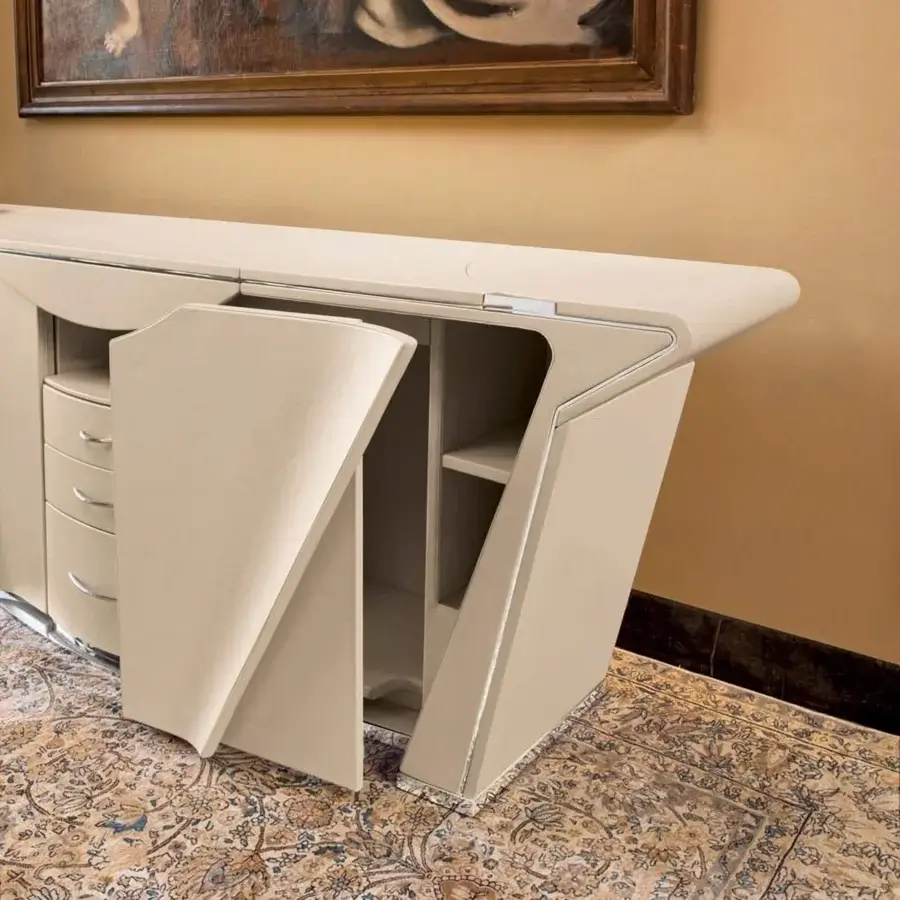 Exclusive Mascheroni Prior sideboard crafted in Italy with beige leather, wood, and steel exhibiting a matte finish
