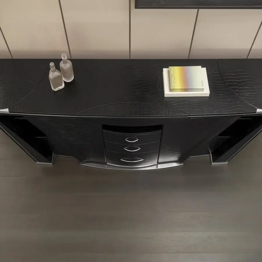Superior Mascheroni Prior sideboard crafted in leather, wood, and steel with a deep black high-gloss reptile-inspired finish