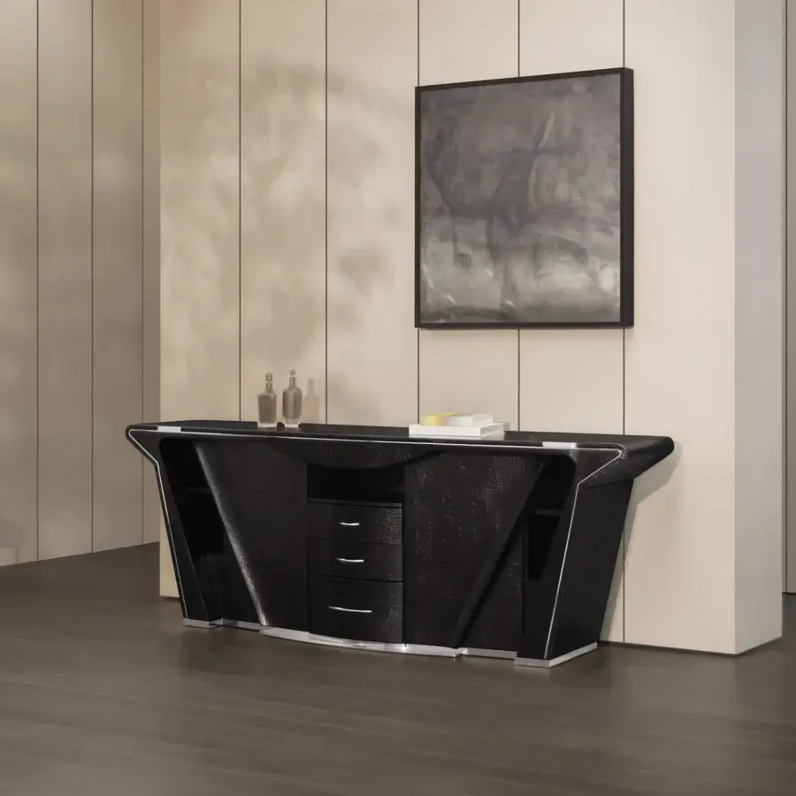 Distinguished Mascheroni Prior sideboard crafted in Italy with glossy black veneer, leather, wood, and polished metal trim