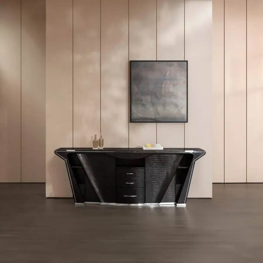 Exclusive Mascheroni Prior sideboard crafted in Italy with dark black finish, reptile-skin inspired leather and wood detailing