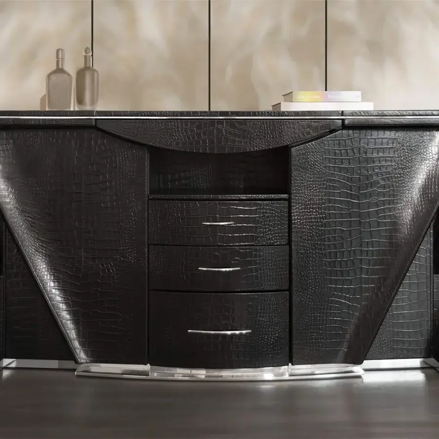 Remarkable Mascheroni Prior sideboard crafted in Italy with high-gloss black leather, wood, and polished metallic accents
