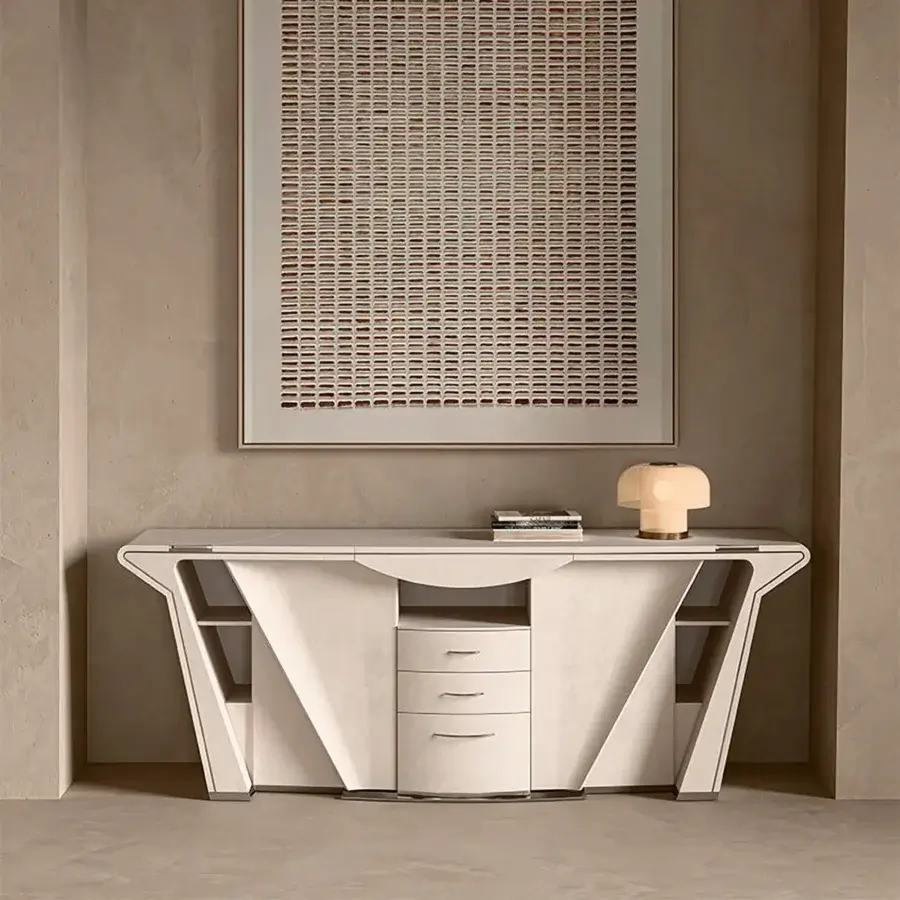 Distinguished Mascheroni Prior sideboard with smooth matte leather, wood and steel construction, offering unique compass-opening drawers and doors