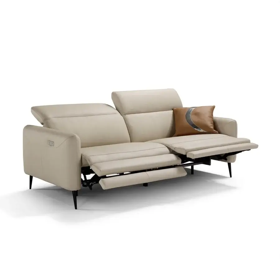 Sophisticated Egoitaliano Dusk sofa with light beige leather and a motorized reclining function crafted with a solid wood structure