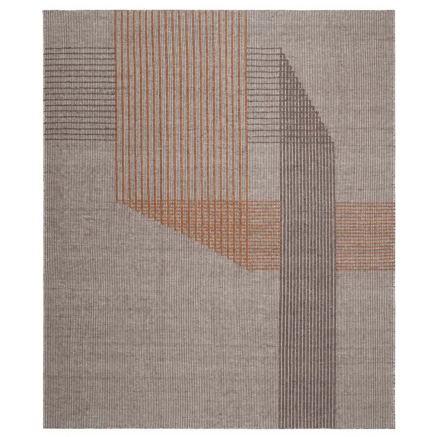 Exceptional Amini RD Trace rug with geometric design in muted gray-beige and warm rusty orange, hand woven in New Zealand wool with a clipped finish