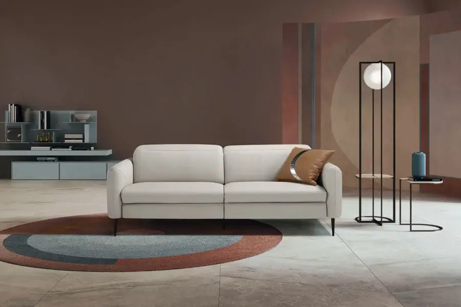 Exceptional Egoitaliano Dusk sofa with light beige textile upholstery and sleek painted metal legs crafted for modern living spaces