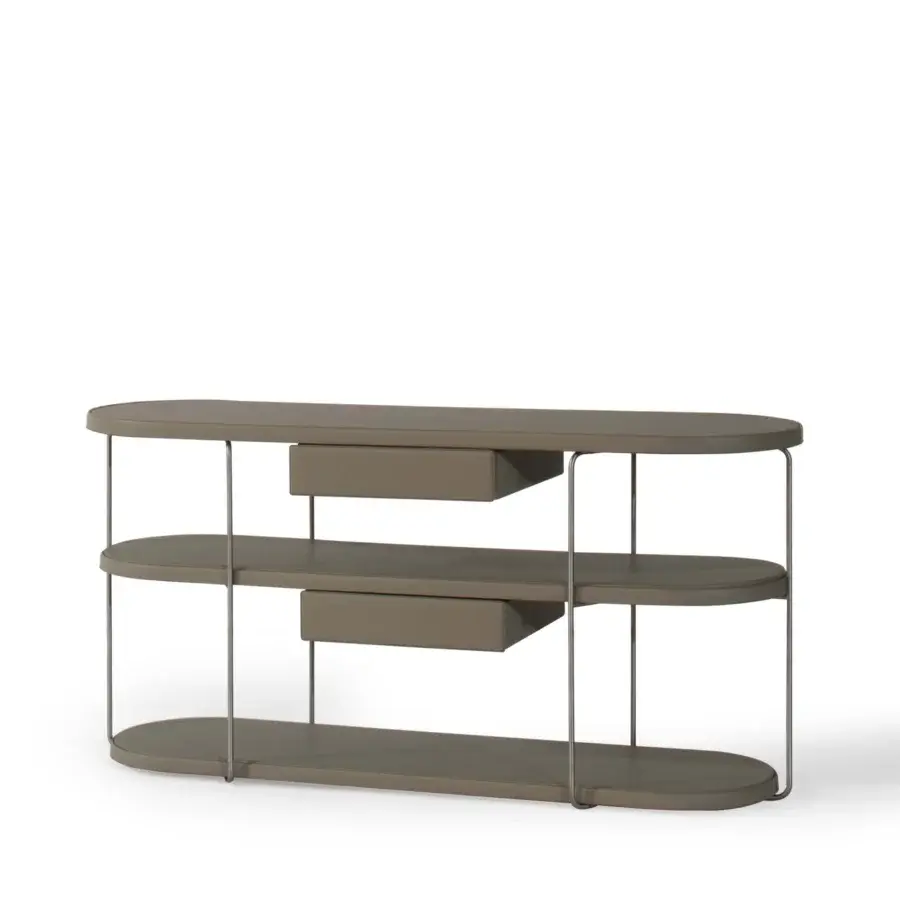 Superior Mascheroni Scrivimi console built with wood and steel, in matte olive-green with polished light gray metal base