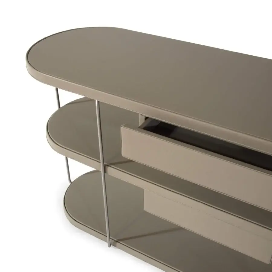 Distinguished Mascheroni Scrivimi console crafted with wood and steel, in matte beige with supple leather interiors