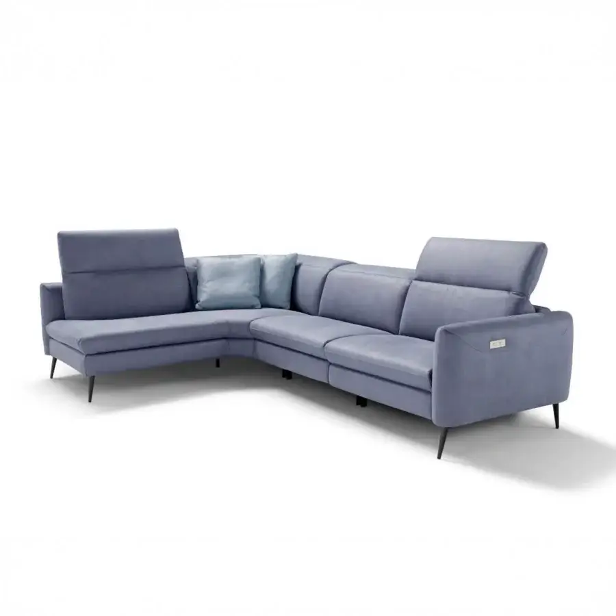 Superior Egoitaliano Dusk sectional upholstered in dusty blue-grey textile with painted metal legs and adjustable headrests