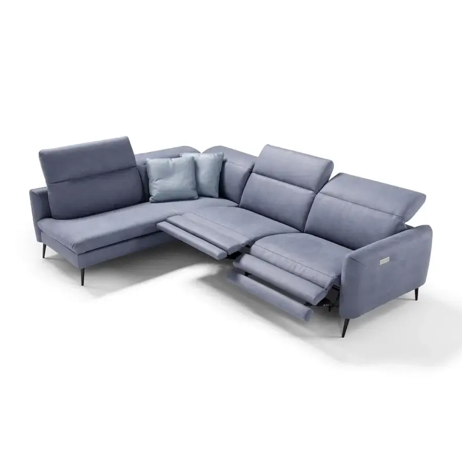 Distinguished Egoitaliano Dusk sectional upholstered in muted blue-grey textile with slender painted metal legs