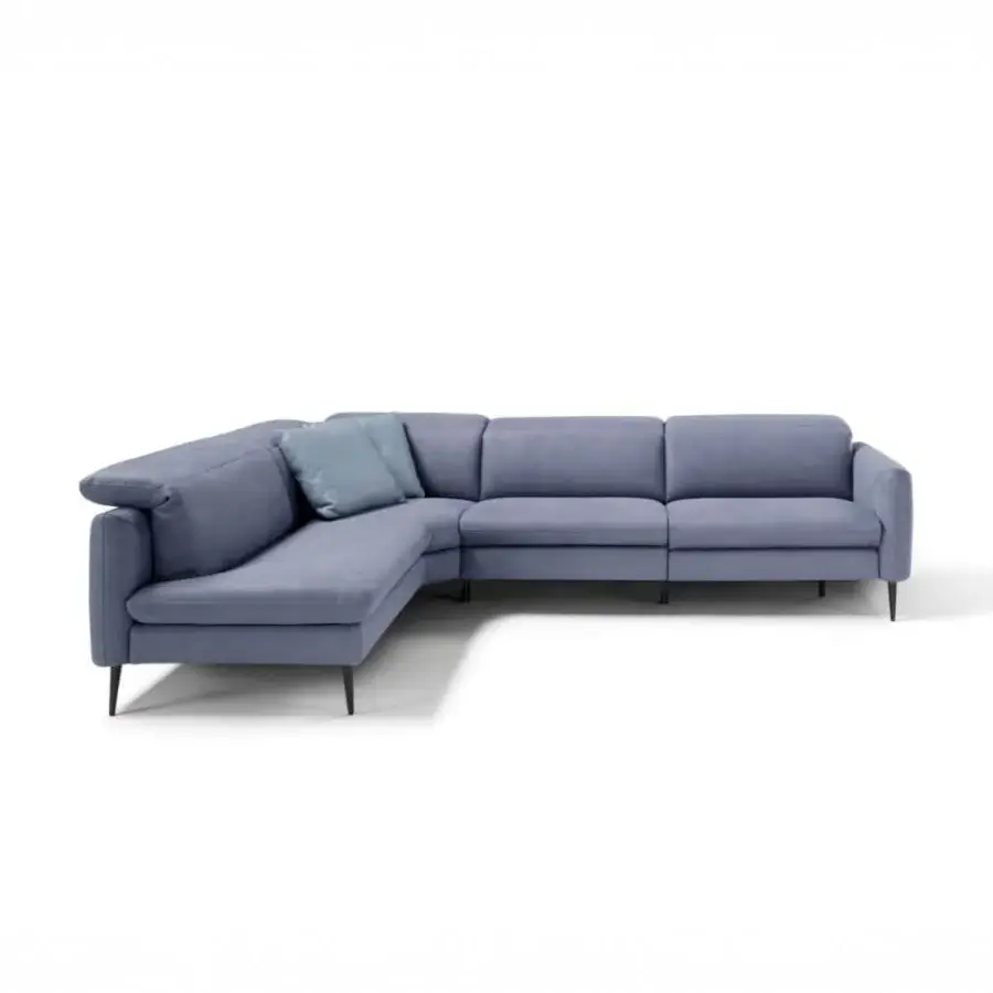Exceptional Egoitaliano Dusk sectional upholstered in dusty blue-grey textile with visible stitching and dark metal legs