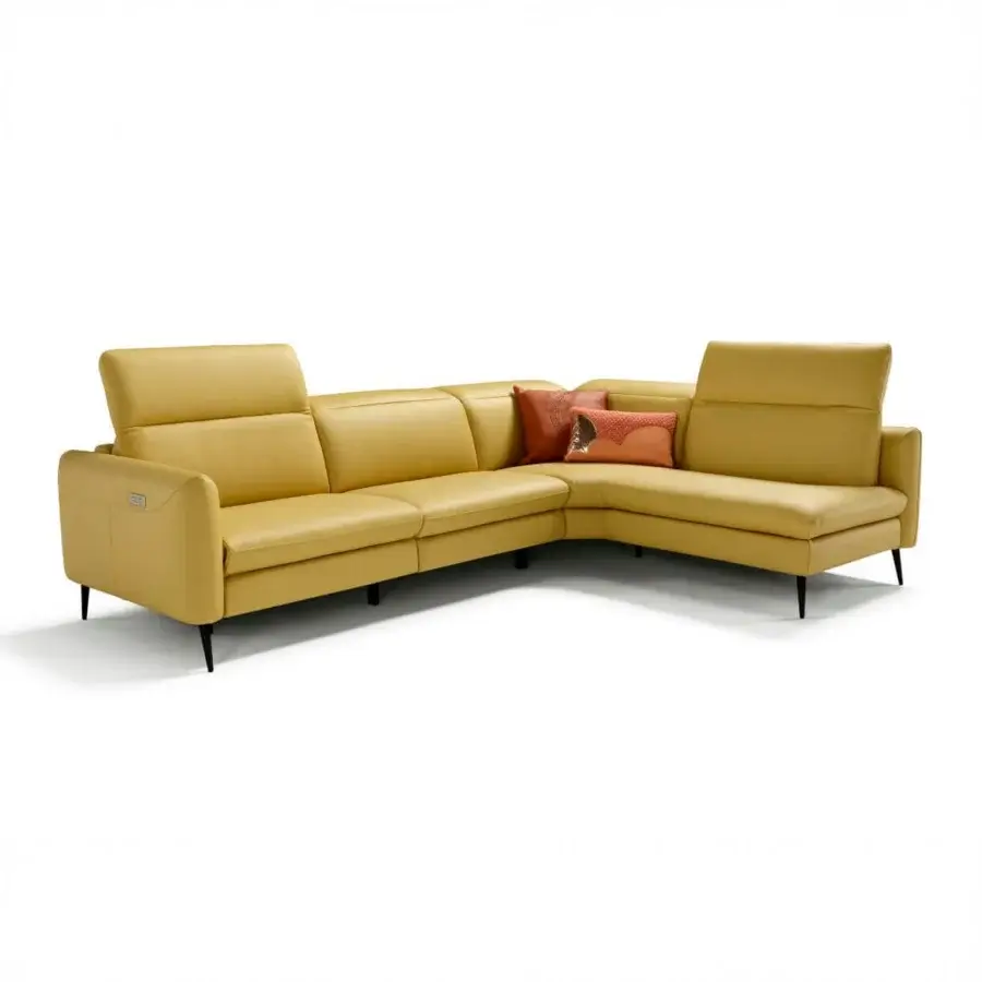 Sophisticated Egoitaliano Dusk sectional upholstered in smooth golden yellow synthetic material with painted metal legs