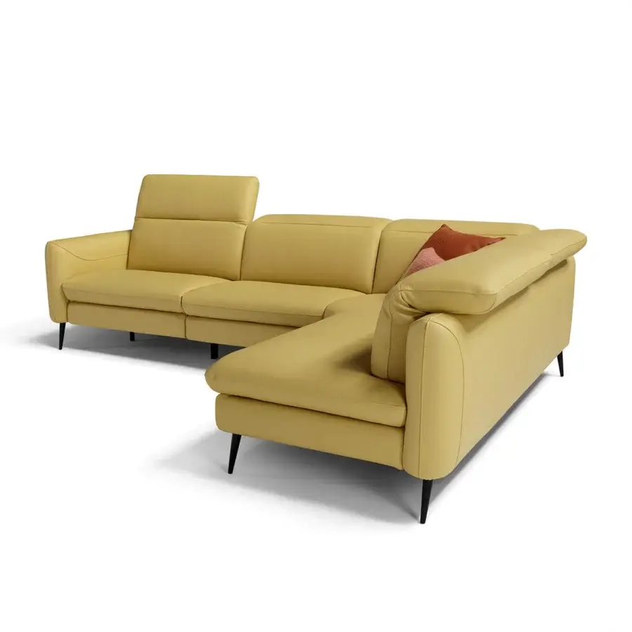 Distinguished Egoitaliano Dusk sectional upholstered in muted yellow synthetic material with painted metal legs and adjustable headrests