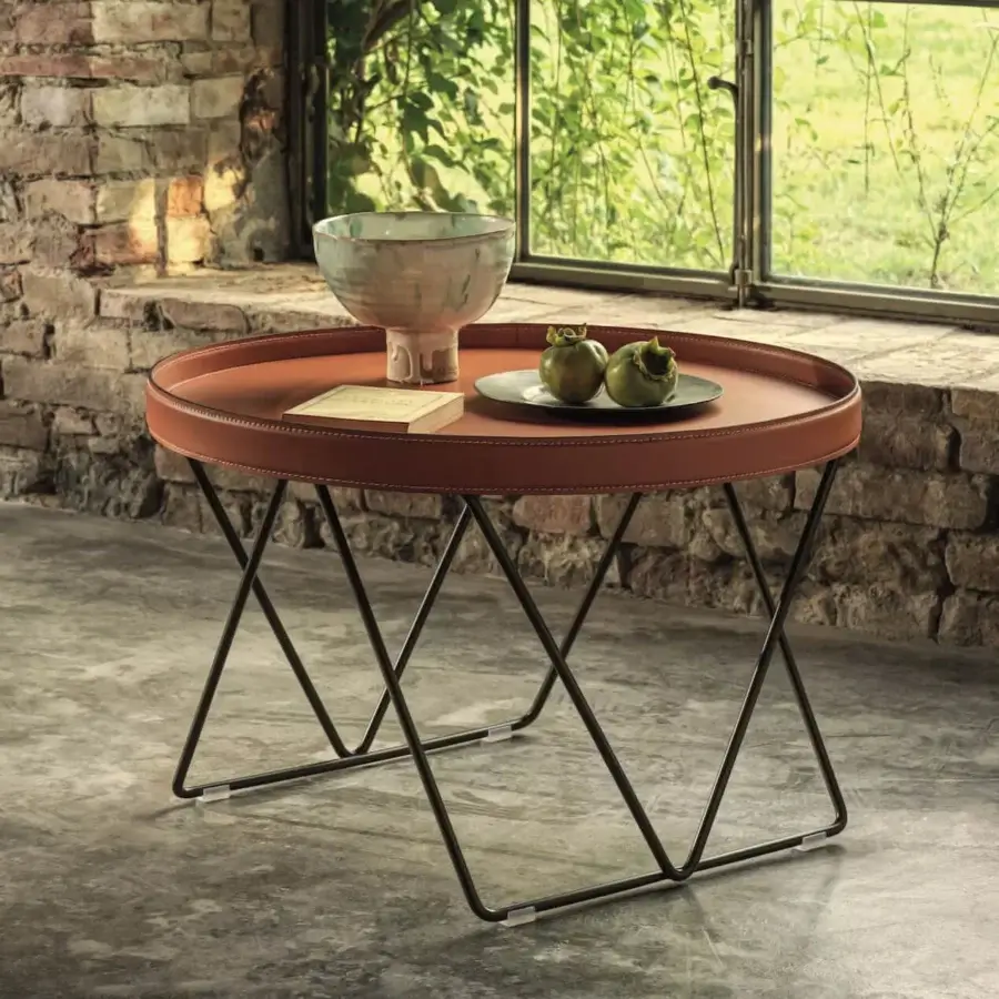 Elegant Bontempi Flexus side table with reddish-brown leather top and dark gray matte lacquered metal base crafted with refined stitching