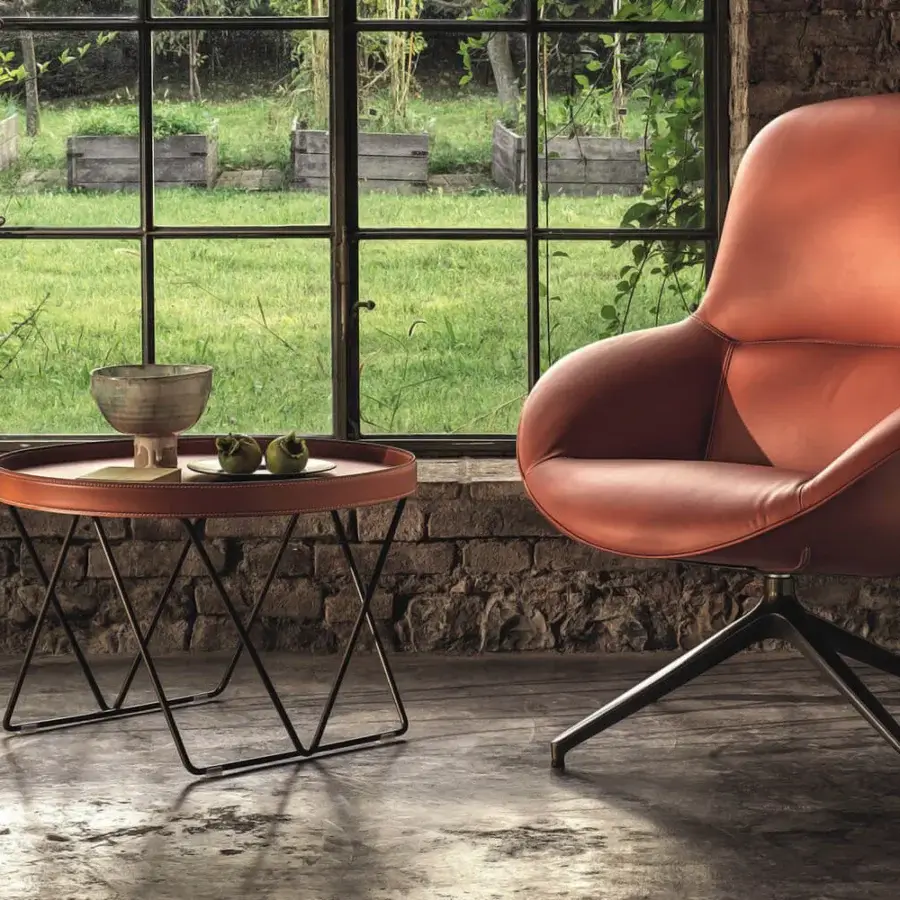 Captivating Bontempi Flexus side table with circular leather top and geometric lacquered metal base in reddish-brown and black with matte finish
