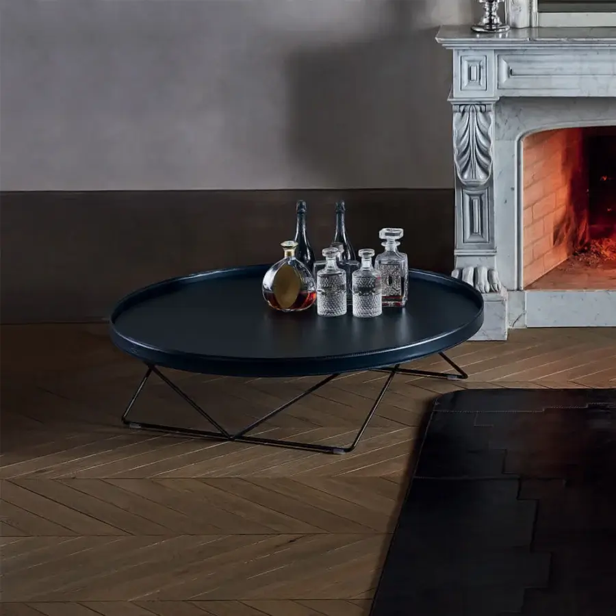 Exclusive Bontempi Flexus side table with lacquered metal and luxurious leather top in muted blue-black finish