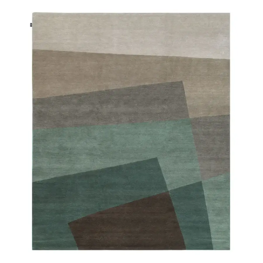 Exceptional Amini RD Shade rug hand-knotted in India with wool and silk displaying gradient greens and browns with a carved texture