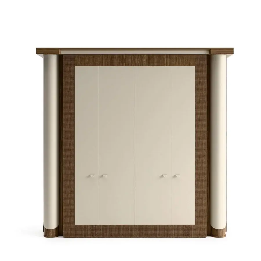 Distinguished Mascheroni Planet 010 bookcase with beige cabinet and warm brown wood-grain columns built with a satin finish