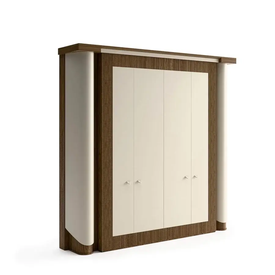 Superior Mascheroni Planet 010 bookcase with cream laminate doors and medium-brown wood framing for enduring style