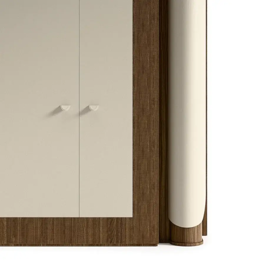 Distinguished Mascheroni Planet 010 bookcase crafted in pale beige matte with medium-brown wood grain and subtly textured veneer