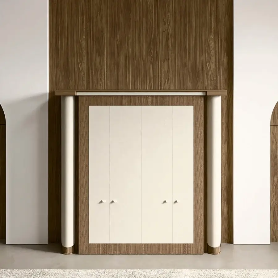 Exceptional Mascheroni Planet 010 bookcase built in cream textured leather and medium-brown wood with cylindrical columns