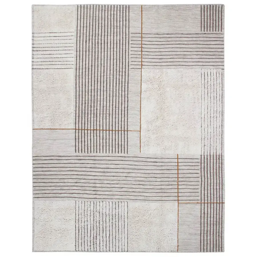 Distinguished Amini RD Halong rug with geometric patterns in soft off-white and gold semi-worsted wool, hand-washed for texture